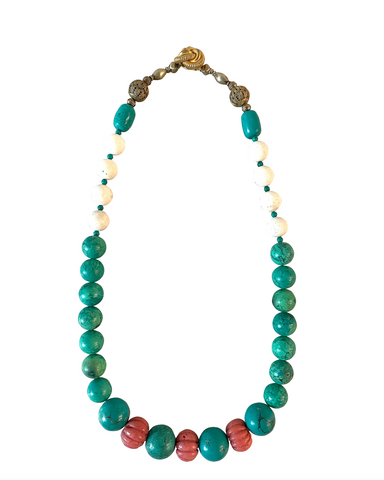 24" Vintage African Turquoise and Antique Carved Coral Beaded Necklace with Forget Me Knot Clasp - Designed by Matthew Izzo