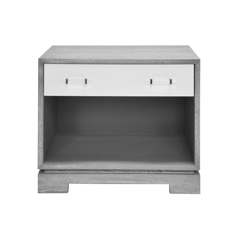 Shane One Drawer Side Table - Grey Cerused Oak, White Lacquer, Acrylic, & Nickel