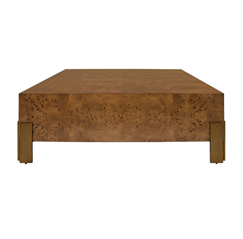 Enid Dark Burlwood 48" Square Coffee Table with Antique Brass Leg Brackets