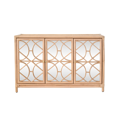 Aria Natural Rattan Three Door Buffet Cabinet with Mirro Front Doors and Adjustable Shelves