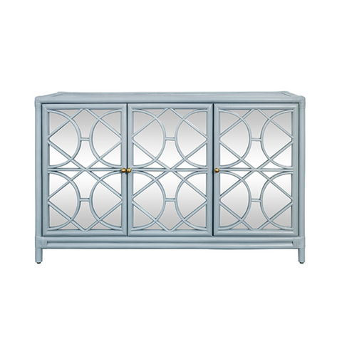 Aria Light Blue Rattan Three Door Buffet Cabinet with Mirror Front Doors and Adjustable Shelves