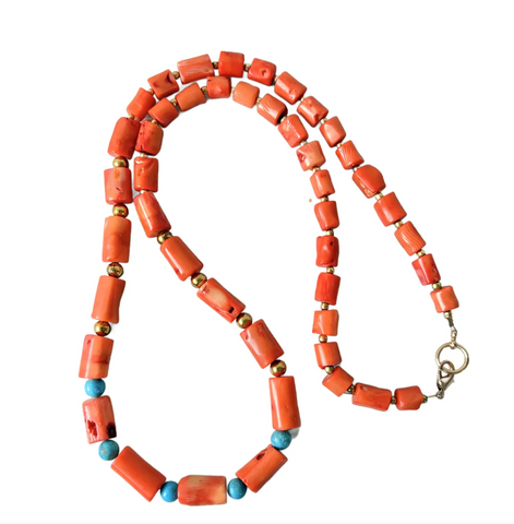 30" Coral Branch and Turquoise Beaded Necklace With Antiqued Gold Tone Spacers - Designed by Matthew Izzo
