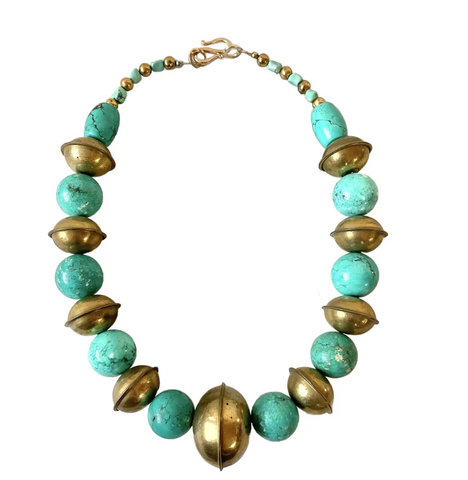 19.5" Turquoise and Vintage Brass Beaded Necklace With Gold Tone Hook Clasp - Designed by Matthew Izzo