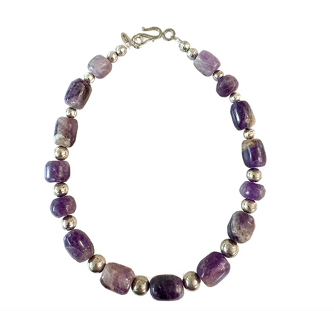 Antique Re-Strung Hand carved Pre-Columbian Amethyst Bead and Silver Spacers Necklace