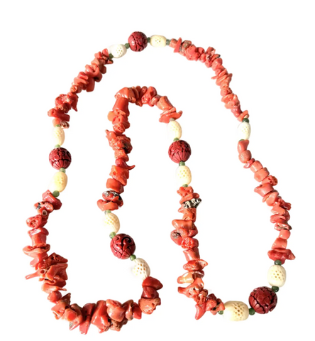 Vintage Chinese Coral and Cinnabar Beaded Necklace