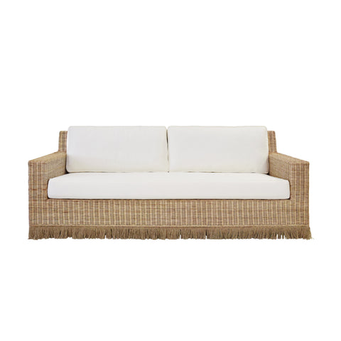 Tenny Lawson-Style Rattan & Ivory Linen Sofa with Fringed Skirt