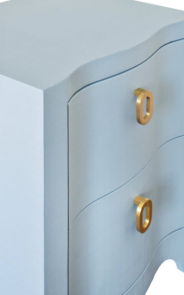 Helena Curved Front Two Drawer Side Table - Light Blue Linen  & Brass
