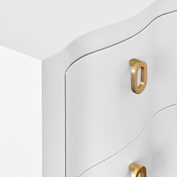 Helena Curved Front Two Drawer Side Table - White Linen & Brass
