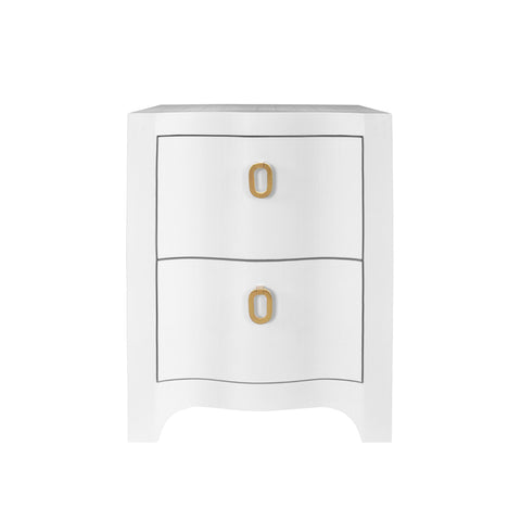Helena Curved Front Two Drawer Side Table - White Linen & Brass
