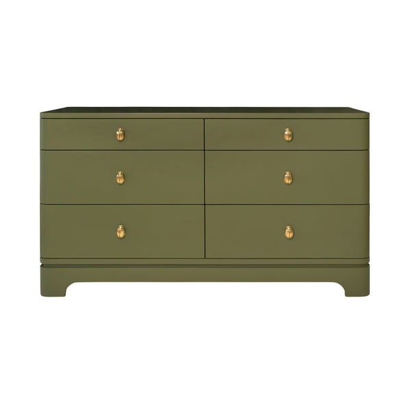 Kilmer Rounded Edge Six Drawer Chest  - Olive Green Matte Lacquer w/Brass Beetle Knobs