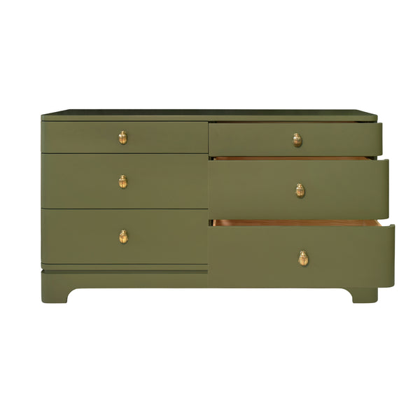 Kilmer Rounded Edge Six Drawer Chest  - Olive Green Matte Lacquer w/Brass Beetle Knobs