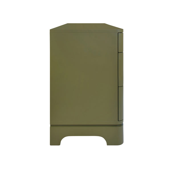 Kilmer Rounded Edge Six Drawer Chest  - Olive Green Matte Lacquer w/Brass Beetle Knobs
