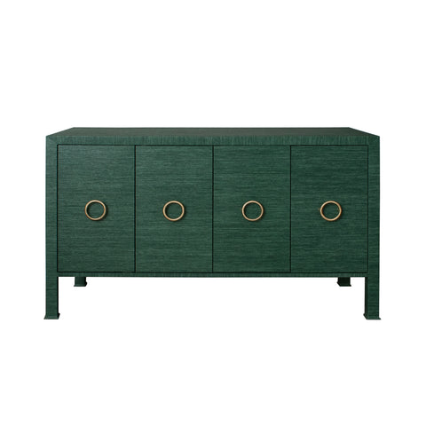 Four Door Dyed Green Rue Grasscloth Over Wood Buffet