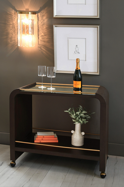 Myer Waterfall Edge Bar Cart with Antique Brass Rails - Natural or Espresso Oak
