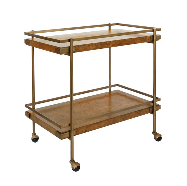 Cash Two Tier Bar Cart - Light or Dark Burlwood w/Antique Brass