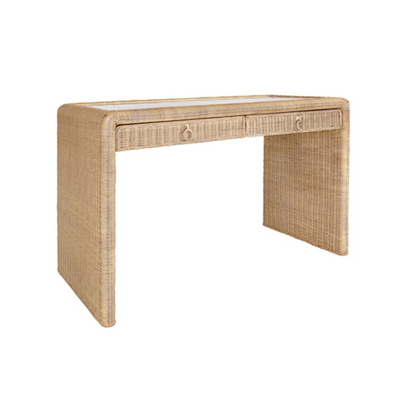 Adrien Rattan and Glass Top, Waterfall Edge, Two Drawer Desk with Satin Brass Hardware