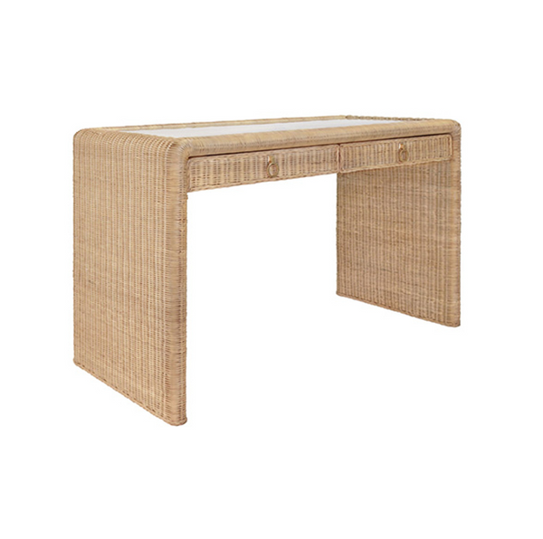 Adrien Rattan and Glass Top, Waterfall Edge, Two Drawer Desk with Satin Brass Hardware