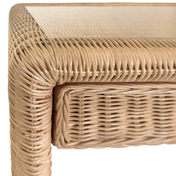 Adrien Rattan and Glass Top, Waterfall Edge, Two Drawer Desk with Satin Brass Hardware