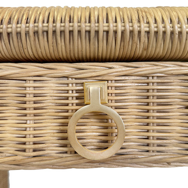 Adrien Rattan and Glass Top, Waterfall Edge, Two Drawer Desk with Satin Brass Hardware