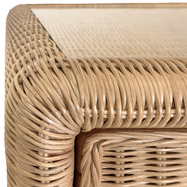 Adrien Rattan and Glass Top, Waterfall Edge, Two Drawer Desk with Satin Brass Hardware