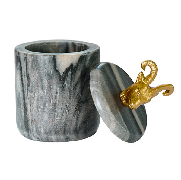 Rammy Grey Marble Container with Gold Leaf Ram Head