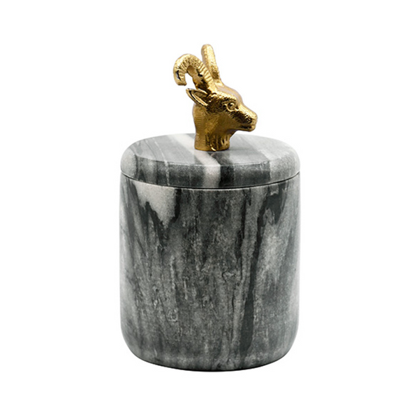 Rammy Grey Marble Container with Gold Leaf Ram Head