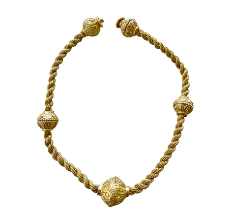 15" Vintage 1980s Braid & Bead Gold Plated Necklace