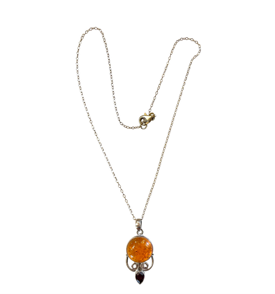 22" Vintage 1980s Sterling Silver & Amber Pendant Necklace