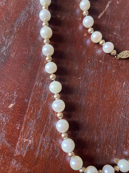 Vintage Mid Century Cultured Pearl Necklace with 14K Gold Spacer Beads