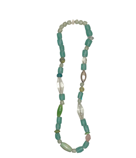 Vintage Turquoise Glass, Silver, and African Trade Bead Boho Necklace