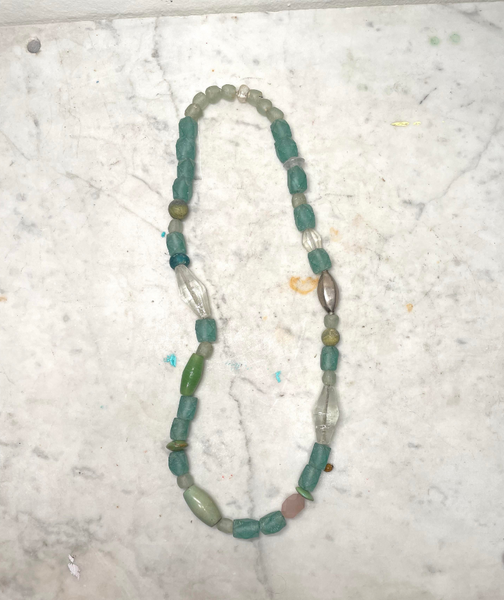 Vintage Turquoise Glass, Silver, and African Trade Bead Boho Necklace