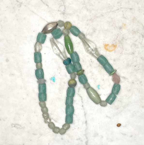 Vintage Turquoise Glass, Silver, and African Trade Bead Boho Necklace