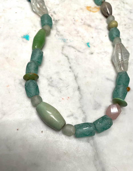 Vintage Turquoise Glass, Silver, and African Trade Bead Boho Necklace
