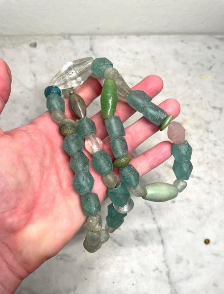 Vintage Turquoise Glass, Silver, and African Trade Bead Boho Necklace