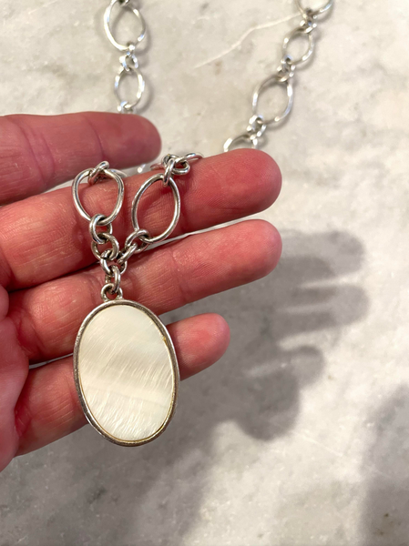 Vintage Sterling Silver Link Necklace with Mother of Pearl Pendant