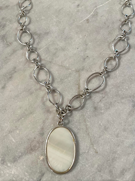 Vintage Sterling Silver Link Necklace with Mother of Pearl Pendant