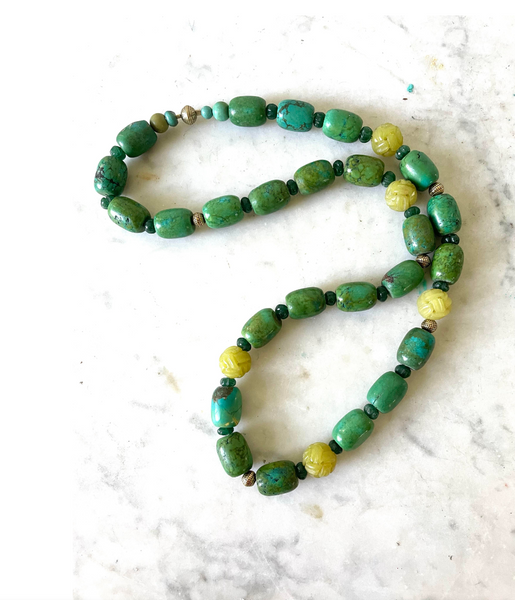 25" Vintage Turquoise, Emerald, and Yellow Jade Beaded Necklace