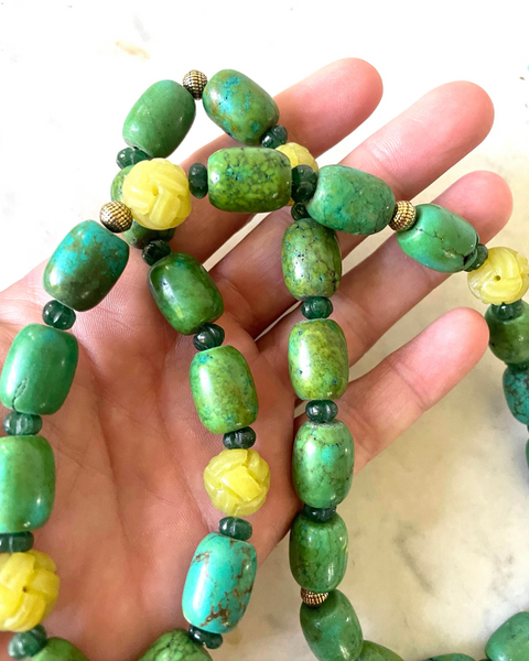 25" Vintage Turquoise, Emerald, and Yellow Jade Beaded Necklace