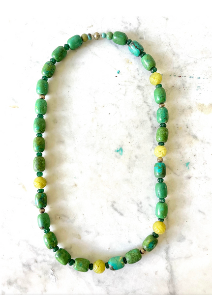 25" Vintage Turquoise, Emerald, and Yellow Jade Beaded Necklace