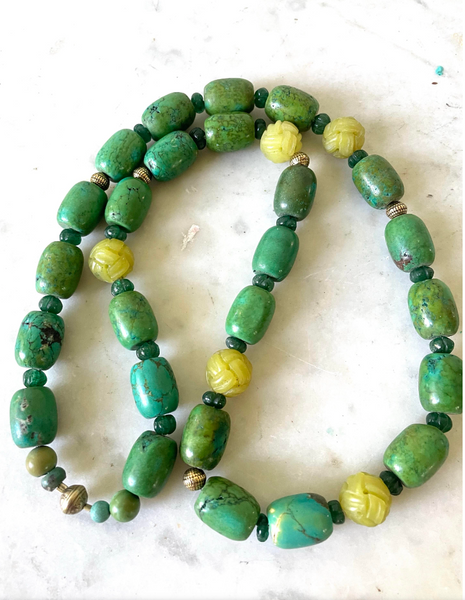 25" Vintage Turquoise, Emerald, and Yellow Jade Beaded Necklace