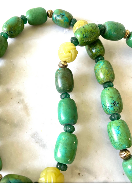 25" Vintage Turquoise, Emerald, and Yellow Jade Beaded Necklace