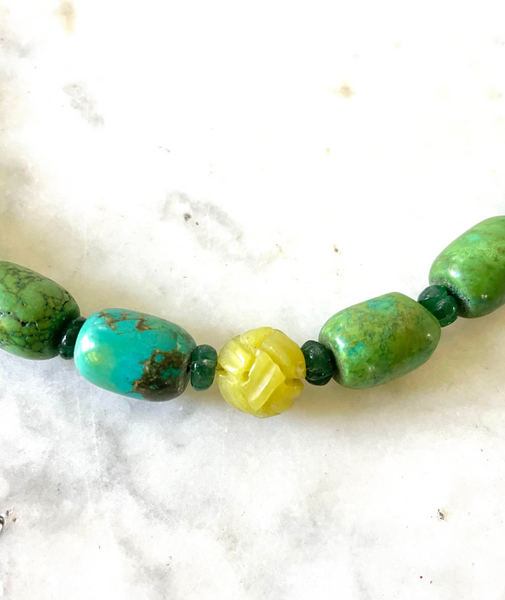 25" Vintage Turquoise, Emerald, and Yellow Jade Beaded Necklace