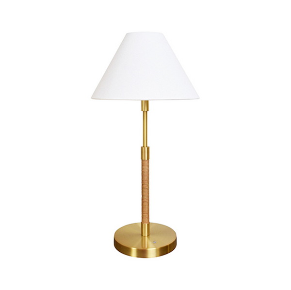 Melton Rechargeable Table Lamp w/White Linen Shade- Rattan & Brass