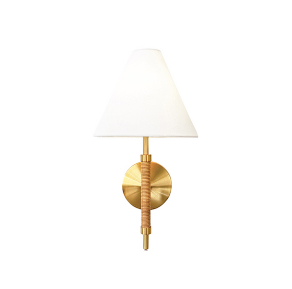Sylvia Rechargeable Wall Sconce w/White Linen Shade - Rattan & Brass