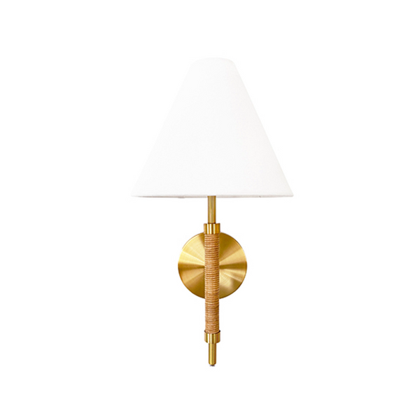 Sylvia Rechargeable Wall Sconce w/White Linen Shade - Rattan & Brass