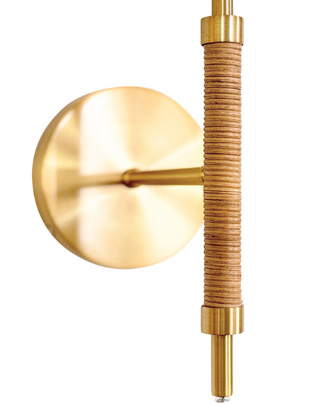 Sylvia Rechargeable Wall Sconce w/White Linen Shade - Rattan & Brass