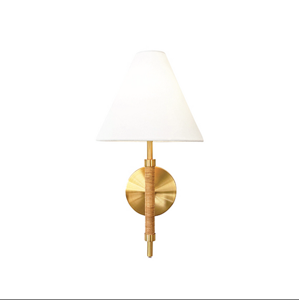 Sylvia Rechargeable Wall Sconce w/White Linen Shade - Rattan & Brass