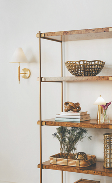 Sylvia Rechargeable Wall Sconce w/White Linen Shade - Rattan & Brass