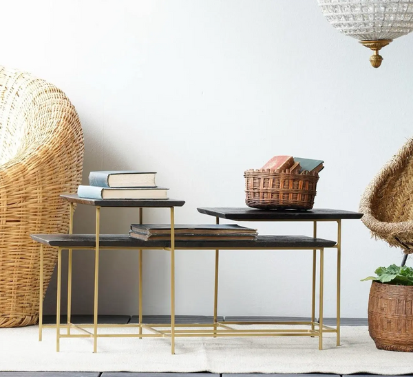Multi Tier Geometric Coffee Table - Mango Wood & Brass - Matthew Izzo Collection