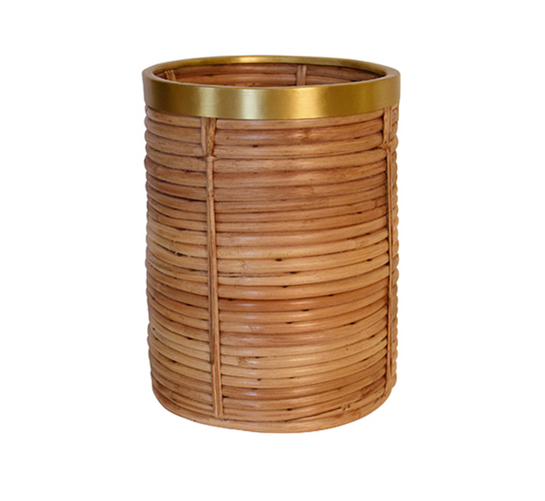Brim Natural Rattan and Brass Trim Wastebasket